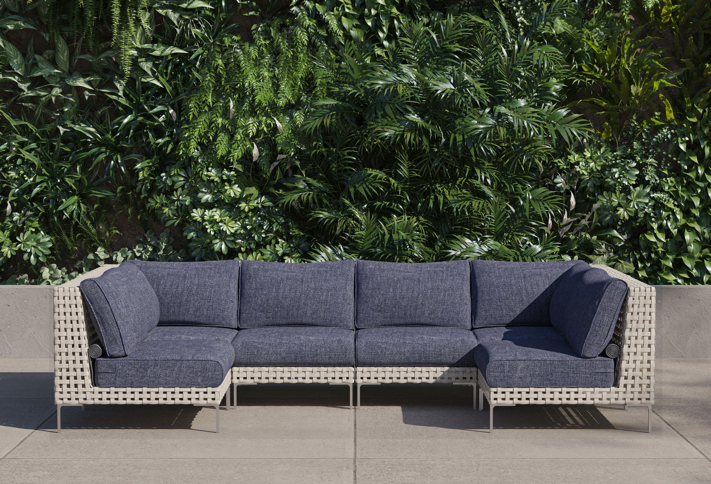 Canapé d'angle d'extérieur en résine tressée ajourée en forme de U - 6 places