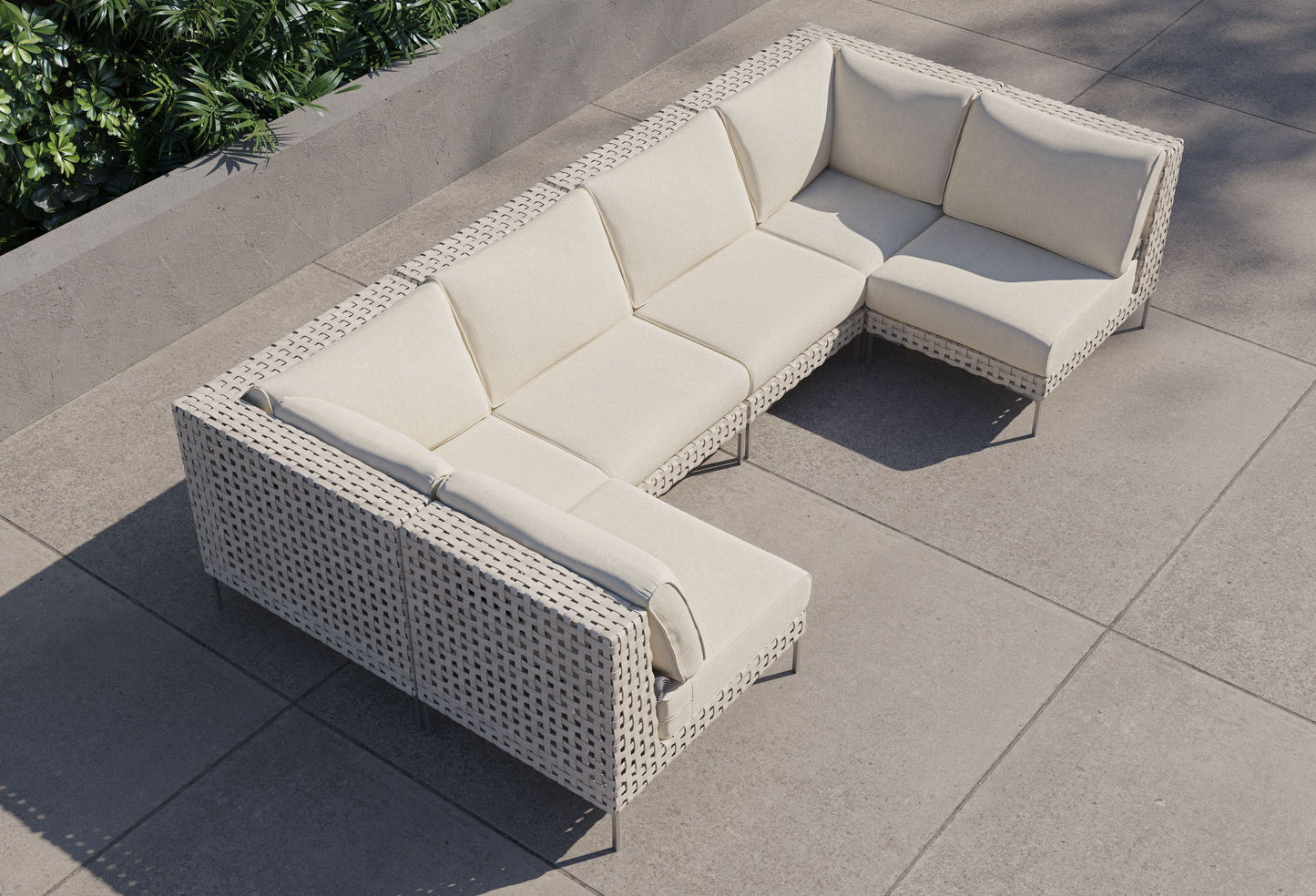 Canapé d'angle d'extérieur en résine tressée ajourée en forme de U - 6 places