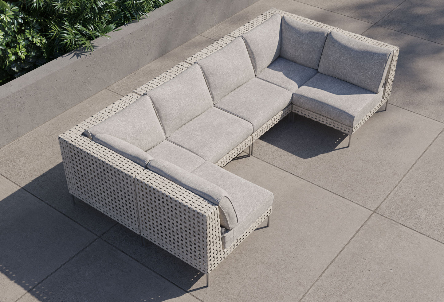 Canapé d'angle d'extérieur en résine tressée ajourée en forme de U - 6 places