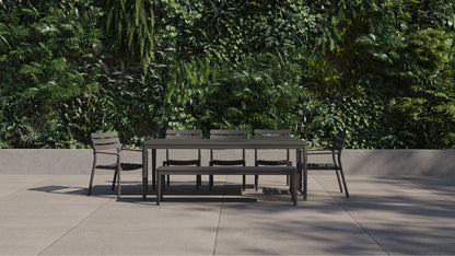 Table de salle à manger rectangulaire d'extérieur en aluminium + 2 fauteuils 595 + 3 chaises sans accoudoirs 595 + banc de salle à manger en aluminium