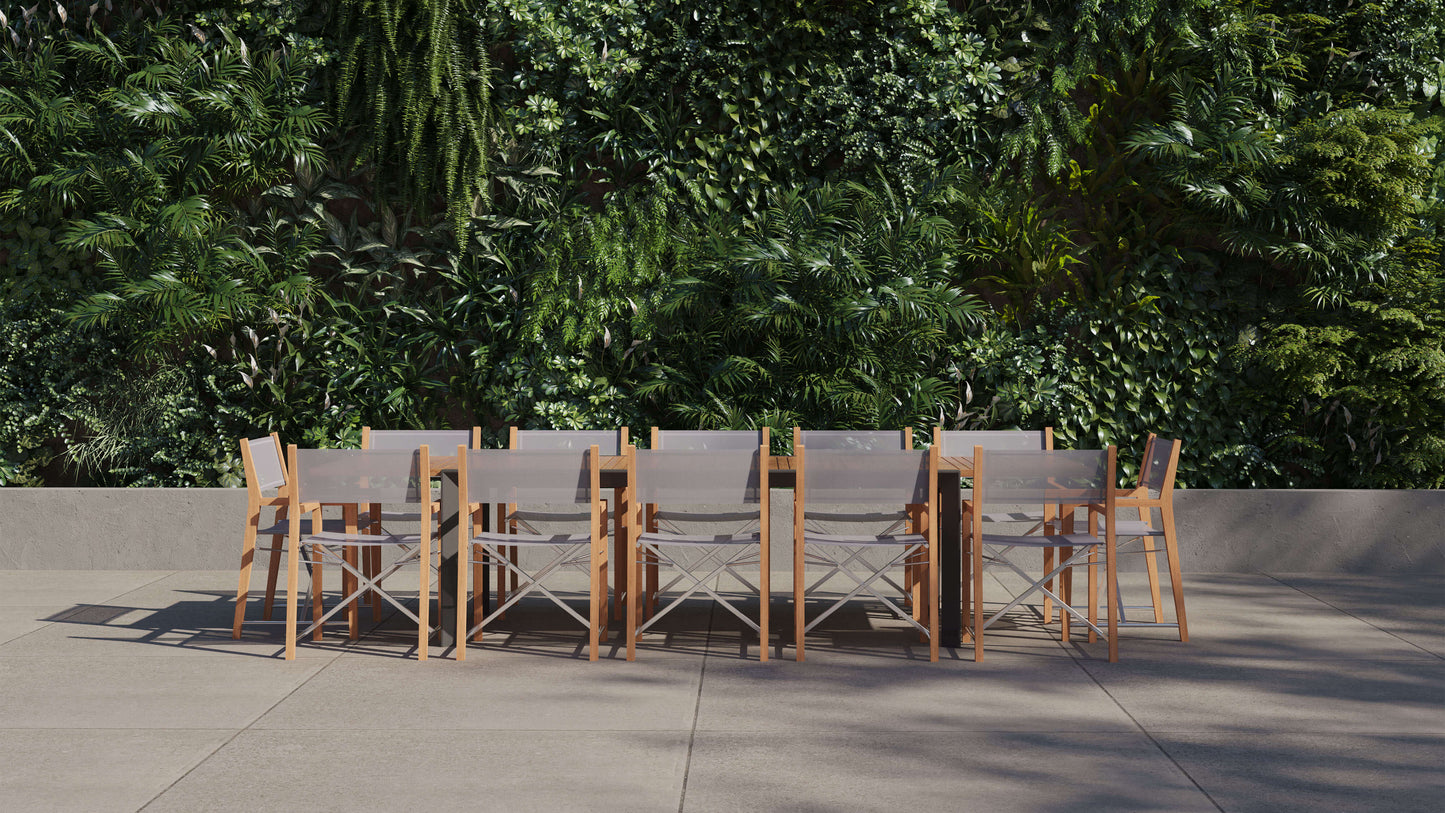 Table de salle à manger extensible d'extérieur en teck et aluminium + 12 chaises de réalisateur en teck